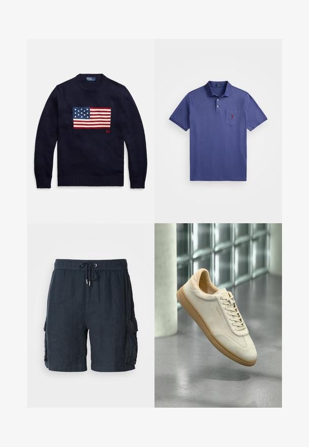 Pulover bleumarin tricotat, cu un design țesut al drapelului american pe piept, cu dungi roșii și albe și stele albe pe un fond albastru.; Cămașă polo mov din bumbac, cu un guler cu trei butoane, mânecile scurte și un buzunar pe piept cu un logo brodat roșu.; Şorturi cargo pentru bărbați, de culoare bleumarin închis, realizate dintr-un material ușor, având un talie elastică cu șnur și două buzunare laterale.; Pantof sport din piele întoarsă bej, cu talpă din cauciuc texturat de culoarea caramelului. Are șireturi plate, vârf rotunjit și un logo discret pe lateral. Guler ușor căptușit.
