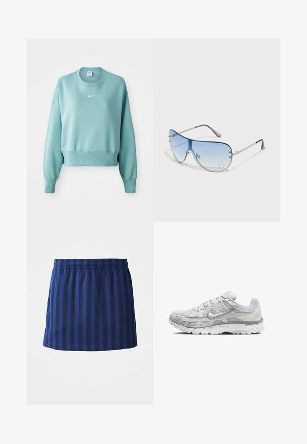 Sweatshirt cropped em azul claro feito de um tecido suave, com bainha canelada, mangas longas e um logo branco da Nike no peito.; Saia azul marinho com riscas verticais, cintura elástica, comprimento até a meio da coxa, feita de tecido leve, textura suave.; Sapatos atléticos cinza claro com parte superior em malha e sintético, apresentando um fecho de cordões, colarinho acolchoado e sola texturizada para aderência.; Óculos de sol aviador com lentes azuis em degradê, armação metálica prateada e detalhes decorativos de estrelas nas lentes. Design suave e elegante.