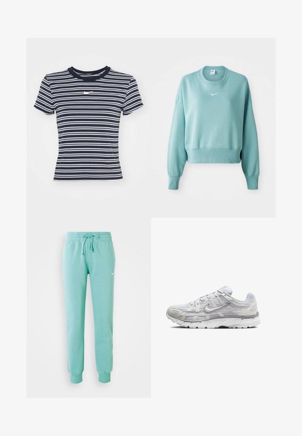 Sweatshirt cropped em azul claro feito de um tecido suave, com bainha canelada, mangas longas e um logo branco da Nike no peito.; T-shirt riscarado em azul marinho e branco com um design ajustado, mangas curtas e gola redonda; apresenta um pequeno logotipo branco no peito.; Calças de moletão verde menta com uma cintura elástica, cordão e punhos canelados. Apresenta um pequeno logotipo branco da Nike na coxa esquerda.; Sapatos atléticos cinza claro com parte superior em malha e sintético, apresentando um fecho de cordões, colarinho acolchoado e sola texturizada para aderência.