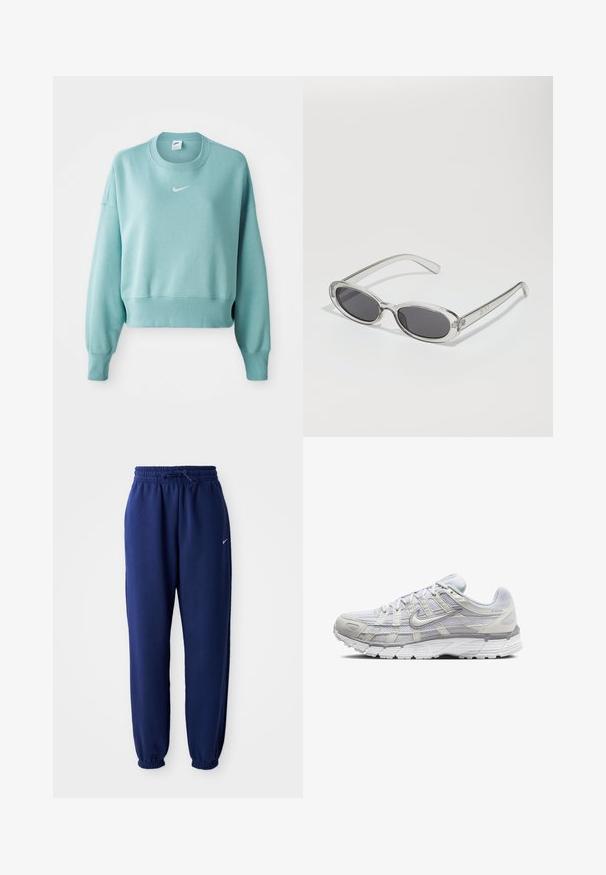 Light teal cropped sweatshirt made from soft fabric, featuring a ribbed hem, long sleeves, and a white Nike logo on the chest.; Navy blue sweatpants made of soft fabric, featuring an elastic waistband with drawstring, elastic cuffs, and a small white logo.; Light gray athletic shoes with a mesh and synthetic upper, featuring a lace closure, padded collar, and textured sole for grip.; Sunglasses with an oval shape, clear plastic frame, dark gray lenses, and thin transparent arms featuring logo accents and minimal detailing.