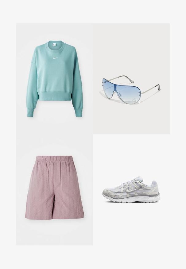 Svetlo teal krojena majica iz mehkega materiala, z ribastim robom, dolgimi rokavi in belim Nike logotipom na prsih.; Svetlo roza kratke hlače iz teksturirane tkanine z elastičnim pasom in ravnim krojem. Imajo subtilen vzorec in čiste robove.; Svetlo sivi atletski čevlji z zgornjim delom iz mrežaste in sintetične tkanine, opremljeni z vezalkami, oblazinjenim ovratnikom in teksturiranim podplatom za dober oprijem.; Pilotne sončne očala z gradijentnimi modrimi lečami, srebrnim kovinskim okvirjem in okrasnimi zvezdastimi detajli na lečah. Gladek in eleganten dizajn.