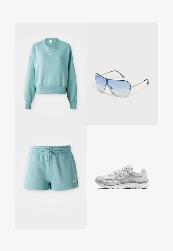 Svetlo teal krojena majica iz mehkega materiala, z ribastim robom, dolgimi rokavi in belim Nike logotipom na prsih.; Svetlo modri športni kratki hlače z elastičnim pasom in vrvico, na levi nogi pa je bel Nikeov znak.; Svetlo sivi atletski čevlji z zgornjim delom iz mrežaste in sintetične tkanine, opremljeni z vezalkami, oblazinjenim ovratnikom in teksturiranim podplatom za dober oprijem.; Pilotne sončne očala z gradijentnimi modrimi lečami, srebrnim kovinskim okvirjem in okrasnimi zvezdastimi detajli na lečah. Gladek in eleganten dizajn.