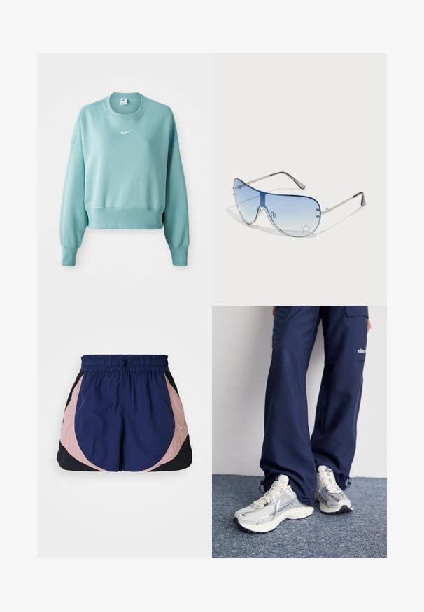 Sweatshirt cropped em azul claro feito de um tecido suave, com bainha canelada, mangas longas e um logo branco da Nike no peito.; Calções de desporto Nike com um cós elástico, apresentando painéis em azul marinho, rosa e preto. Feitos de um tecido leve e texturizado.; Tênis esportivos Nike com parte superior em malha prata, detalhes em branco e solas texturizadas, combinados com calças largas azul-marinho.; Óculos de sol aviador com lentes azuis em degradê, armação metálica prateada e detalhes decorativos de estrelas nas lentes. Design suave e elegante.