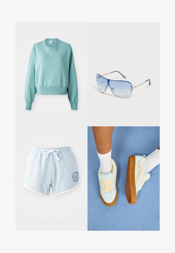 Svetlo zelený skrátený sveter vyrobený z mäkkej tkaniny, s rebrovaným lemom, dlhými rukávmi a bielou logom Nike na prsiach.; Svetlomodré šortky vyrobené z mäkkej látky s bielym šnúrkovým pásom, s bielym lemovaním a okrúhlym logom na boku.; Svetlomodré tenisky s krémovými akcentmi, vybavené šnúrkami, gumovou podrážkou a textúrovaným gripom. Nosené s bielymi kotníkovými ponožkami na modrom povrchu.; Pilotné slnečné okuliare s prechodovým modrým sklom, strieborným kovovým rámom a ozdobnými hviezdičkovými akcentmi na sklách. Hladký a elegantný dizajn.