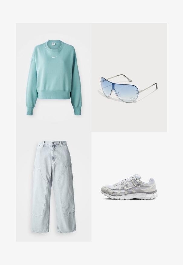 Jasnoniebieski, krótki sweatshirt wykonany z miękkiego materiału, z prążkowanym dołem, długimi rękawami oraz białym logo Nike na piersiach.; Jasnoniebieskie dżinsowe spodnie typu wide-leg z dużymi bocznymi kieszeniami, wysokim stanem i luźnym krojem. Zniszczona tekstura z wyblakłym wykończeniem.; Jasnoszare buty sportowe z siateczkowym i syntetycznym wierzchem, wyposażone w sznurowanie, wyściełany kołnierz oraz teksturowaną podeszwę zapewniającą przyczepność.; Okulary przeciwsłoneczne typu aviator z gradientowymi niebieskimi szkłami, srebrną metalową oprawą oraz dekoracyjnymi akcentami w kształcie gwiazdek na soczewkach. Gładki i elegancki design.
