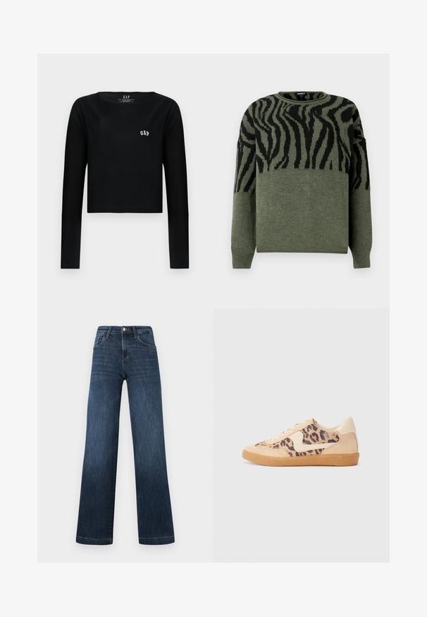 Sweater com padrão de zebra em verde escuro e preto, textura em malha, decote redondo, mangas longas, apresentando um design contrastante na seção superior.; Top curto preto de mangas longas em algodão, com decote redondo e logotipo "GAP" bordado em branco no peito. Textura suave.; Jeans em denim azul escuro com um design de perna larga, apresentando cinco bolsos e um fecho frontal com botão. Textura suave e detalhes de costura clássicos.; Sapatilhas com padrão de leopardo, parte superior em camurça bege, sola de borracha castanha e detalhes brancos. Bico redondo e design com atacadores, com um acabamento texturizado.