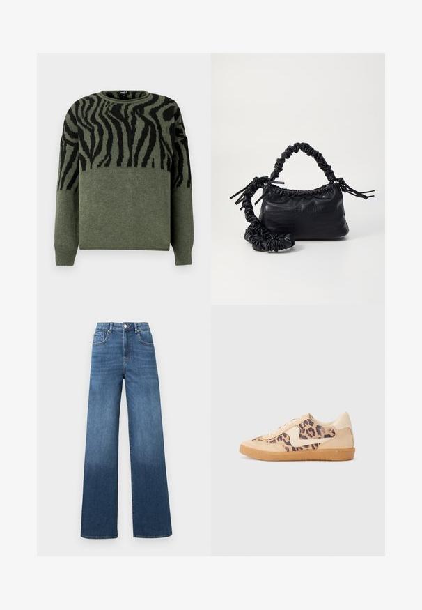 Sweater com padrão de zebra em verde escuro e preto, textura em malha, decote redondo, mangas longas, apresentando um design contrastante na seção superior.; Calças de ganga de perna larga em azul médio com um efeito de clareamento gradual em direção à bainha, apresentando um fecho padrão com botão e zíper.; Sapatilhas com padrão de leopardo, parte superior em camurça bege, sola de borracha castanha e detalhes brancos. Bico redondo e design com atacadores, com um acabamento texturizado.; Bolsa de mão em couro sintético preto com textura de crocodilo, topo franzido e alça enrugada. Apresenta um design suave e compacto.