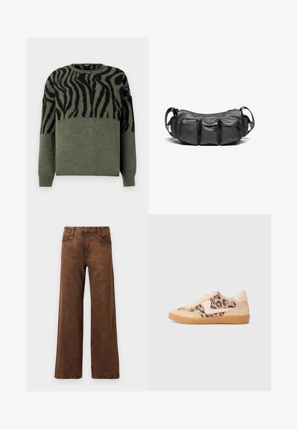 Zebras raksta džemperis tumši zaļā un melnā krāsā, adīts tekstūra, apaļš kakls, garas piedurknes, ar kontrastējošu dizainu augšējā daļā.; Brūnas plaša sānkaļa bikses, izgatavotas no denima, ar teksturētu apdari, pogu un rāvējslēdzēja aizdari, kā arī divām priekšējām kabatām.; Leoparda drukas kedas ar beidzējo zamša virsu, brūnu gumijas zoli un baltām akcenta detaļām. Apļveida purngals un auklu aizdare ar strukturētu virsmu.; Melnas ādas pārsēju soma ar teksturētu apdari. Aprīkota ar trim ārējām kabatām un regulējamu siksnu. Kompakta, noapaļota forma.