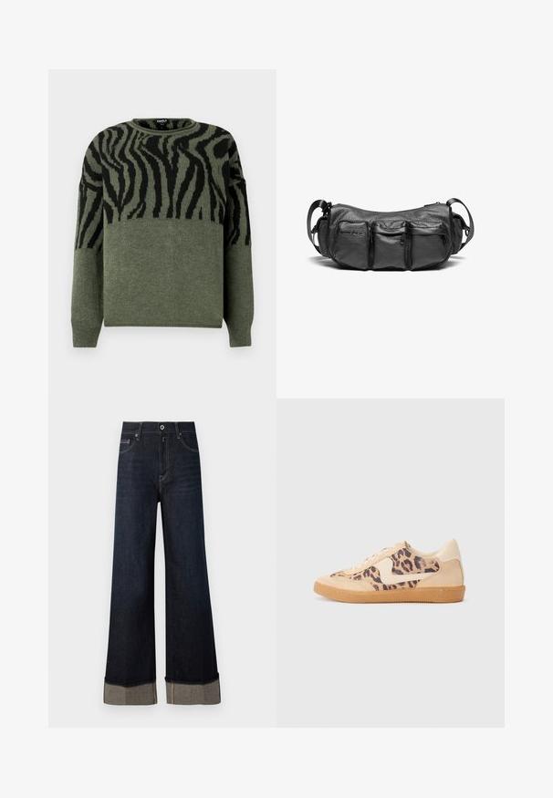 Zebravinių raštų megztinis tamsiai žaliai juodas, megztas tekstūra, su apykakle, ilgomis rankovėmis, su kontrastingu dizainu viršutinėje dalyje.; Tamsiai mėlynos aukštomis juosmeniu plačios kojos džinsai su žaliuoju apdaila, turintys šviesiai rudos siūlės ir sulankstytą kraštą, atidengiančią kontrastingą medžiagą.; Leopardų rašto sportiniai batai su smėlio spalvos zomšiniu viršumi, rusvu guminiu padu ir baltais akcentais. Apvalus nosis ir raištelių užsegimas su tekstūruotu paviršiumi.; Juodas odinis krepšys per petį su tekstūriniu paviršiumi. Yra trys išoriniai kišeniai ir reguliuojama dirželis. Kompaktiška, apvali forma.