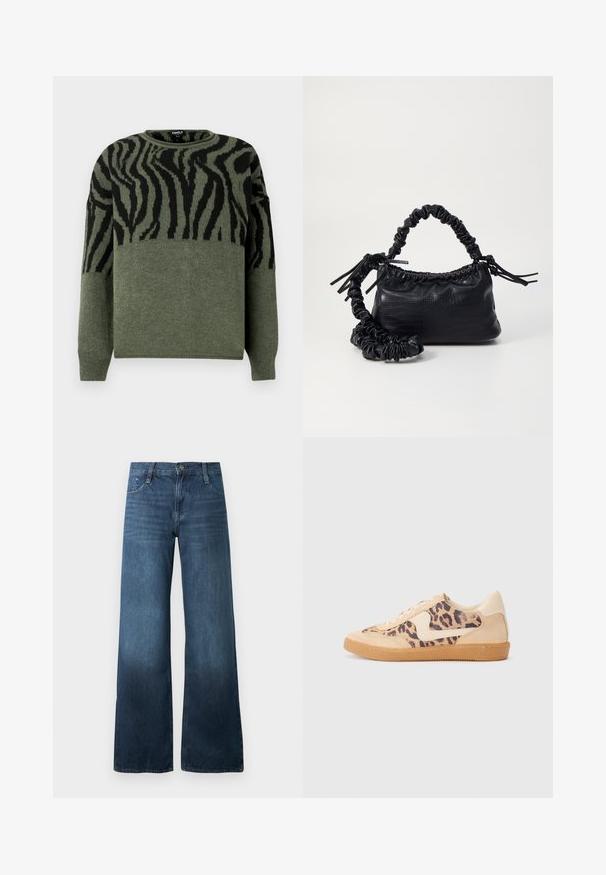 Sweter w zebrę w ciemnozielonym i czarnym kolorze, dzianinowa tekstura, okrągły dekolt, długie rękawy, z kontrastującym wzorem na górnej części.; Ciemnoniebieskie spodnie dżinsowe o szerokich nogawkach, wykonane z denimu, z wysokim stanem, pięcioma kieszeniami oraz delikatnym wyblaknięciem na dole. Standardowe zapięcie na guzik.; Sneakers w panterkowym wzorze, z beżową zamszową cholewką, brązową gumową podeszwą i białymi akcentami. Okrągły czubek i sznurowany fason z fakturowym wykończeniem.; Czarna torebka z syntetycznej skóry o teksturze krokodyla, z zaciąganym górnym zamknięciem i marszczonym paskiem. Wygląda na miękką i zwartą w designie.