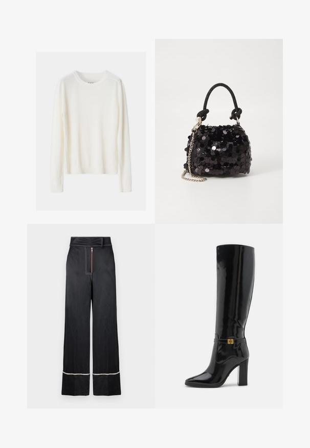 Suéter ligero de color crema con mangas largas, cuello y dobladillo acanalados, hecho de material de punto suave, con un diseño simple.; Pantalones de pierna ancha negros con una cintura alta, que cuentan con un cierre frontal de cremallera y costuras blancas en contraste a lo largo del dobladillo y los laterales.; Botas de charol negras hasta la rodilla con punta afilada, acento en hardware dorado y un tacón grueso. Superficie lisa y brillante con un detailing mínimo.; Bolso de mano mini negro con lentejuelas, con una correa de textura anudada y cadena plateada. Forma redondeada con parte superior fruncida y detalles reflectantes.