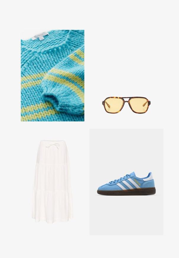 Striktrøje med et tekstureret mønster, der har turkise og gule striber. Tyk garn giver et chunky, hyggeligt udseende.; Hvid, lagdelt maxi-nederdel lavet af letvægtsstof. Har en elastisk talje med en knyttet snor. Glat tekstur, enkelt design.; Lyseblå ruskinds sneakers med hvide læderstribes, en brun struktureret sål og detaljer i guld. Lav-top design med rund tå.; Skildpaddemønstrede solbriller med et geometrisk design, gule linser og metal detaljer på stængerne. Bredt stel og mat overflade.