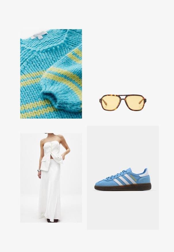 Pletený sveter s textúrovaným vzorom, s tyrkysovými a žltými pruhmi. Hrubá priadza dodáva robustný a útulný vzhľad.; Biely dvojdielny outfit s topom bez ramienok, ktorý má gombíky a vrecká, doplnený dlhou, splývavou sukňou. Hladká tkanina a čisté línie.; Svetlomodré semišové tenisky s bielymi koženými pruhmi, hnedou štruktúrovanou podrážkou a zlatým logom. Nízky strih s okrúhlou špičkou.; Korytnačie slnečné okuliare s geometrickým dizajnom, žltými sklami a kovovými akcentmi na spánkoch. Široký rám a matný povrch.