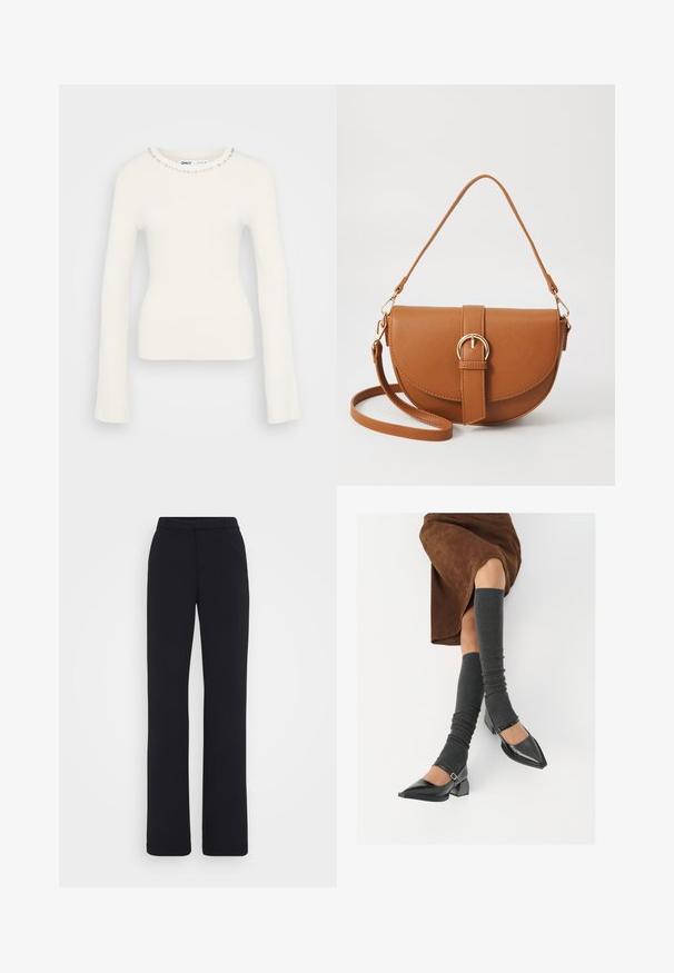 Rebrast pulover z dolgimi rokavi v beli barvi z prilegajočo silhueto in okrašenim izrezom, ki vsebuje majhne prozorne dragulje po ovratniku.; Črne, krojene hlače s ravnim sprednjim delom, ravnimi nogami in gladkim, strukturovanim materialom. Brez vidnih žepov ali okraskov.; Črne lakirane čevlje s pointy prsti in blok peto ter z naramnicami za gleženj, ki jih kombiniramo s sivimi rebrastimi nogavicami in rjavim suknjičem iz usnja.; Rjava usnjena torbica prek telesa s ukrivljeno obliko, zlate opreme in sponko. Ima odstranljiv naramni trak.