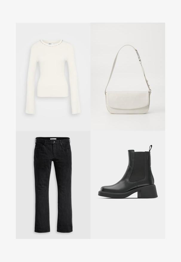 Rippent Weißer Pullover mit langen Ärmeln, figurbetontem Schnitt und verziertem Ausschnitt, der mit kleinen klaren Edelsteinen entlang des Kragens geschmückt ist.; Schwarze Denim-Jeans mit geradem Bein Schnitt, ausgestattet mit einem klassischen Fünf-Taschen-Design, subtiler vertikaler Textur und vorderem Knopfverschluss.; Schwarze Leder-Stiefeletten mit elastischen Seitenpanelen, abgerundetem Zehenbereich und einem klobigen Blockabsatz. Glatte Textur mit einem minimalistischen Design.; Weiße Leder-Schultertasche mit glatter Oberfläche, rechteckiger Form, Klappenverschluss und verstellbarem Tragegurt. Schlichte Steppnähte.