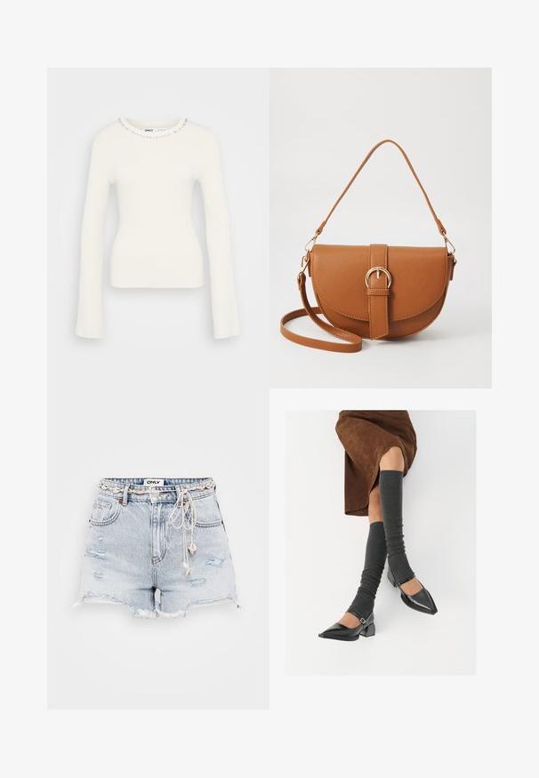 Ribbet hvit langermet genser med en kroppsnær silhuett og utsmykket halslinje som har små klare edelstener rundt kragen.; Lyseblå denimshorts med frynset kant, slitte detaljer, justerbar beige snor og merkelapp på livet.; Sorte lakkpumps med spiss tå, blokkhel, og ankelstropp, kombinert med grå ribbestrikkede beinvarmere og et brunt semsket skinn skjørt.; Brun lærcrossbody-veske med en buet form, gullhardware og et spenneakcent. Har en avtakbar skulderreim.