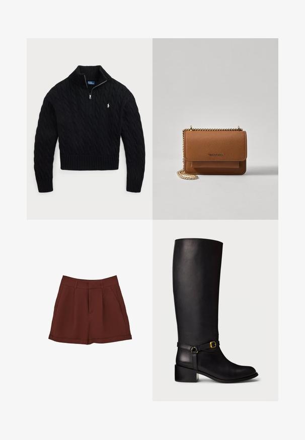 Zwarte kabelgebreide trui met hoge kraag, ritssluiting en geribbelde boorden. Bevat een klein logo op de linkerborst.; Bordeaux korte broek van een gladde stof, met een klassiek ontwerp en een rechte voorkant, zijzakken en een opgerolde zoom.; Zwarte leren kuitlange laarzen met een lage blokhak en een decoratieve band met een kleine gouden gesp op de enkel.; Bruine lederen schoudertas met textuur, voorzien van een gouden kettingstrap en klepsluiting. De voorkant heeft een logo-detail en een zak onder de klep.