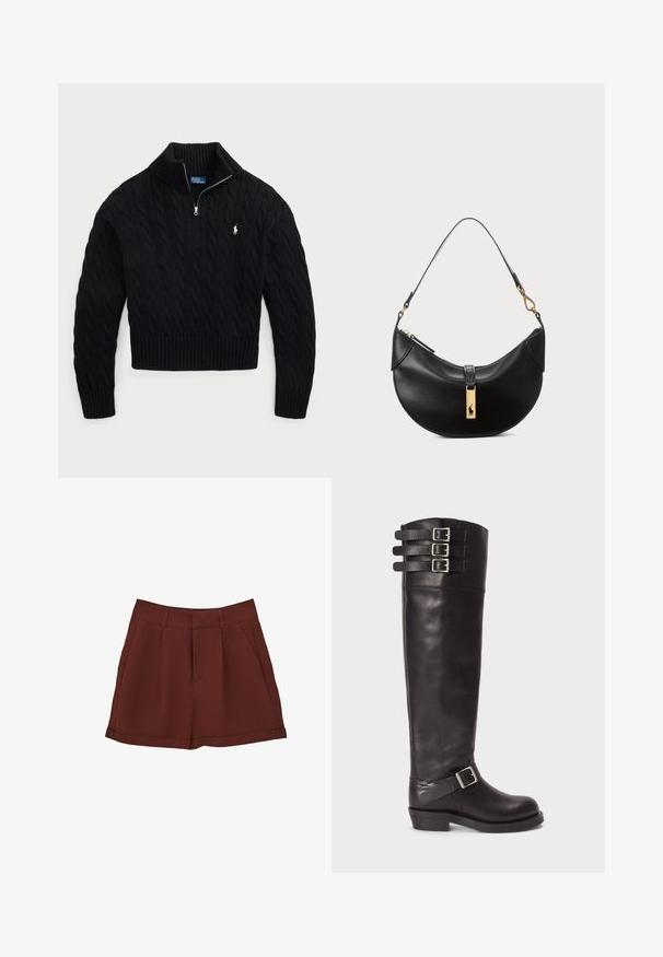Černý svetr s pleteným vzorem a vysokým límcem, se zipovým uzávěrem a žebrovanými manžetami. Na levé hrudi se nachází malé logo.; Burgundské šortky vyrobené z hladké látky, s klasickým designem, plochým předním dílem, bočními kapsami a obroubeným lemem.; Černá kožená vysoká bota po kolena s kulatou špičkou, třemi přezkami na pásku nahoře a bočním detailním přezkou. Plná podešev a hladký povrch.; Černá kožená kabelka ve tvaru půlměsíce. Obsahuje zlaté kovové detaily a úzký popruh. Hladký povrch, zapínání na zip na vrchu.