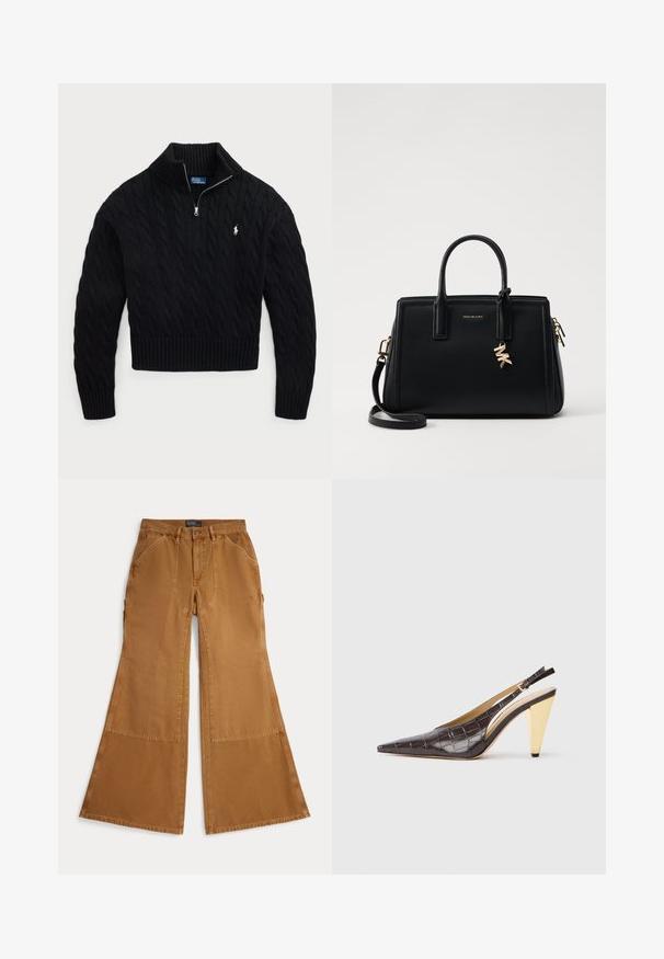 Črna pletena jopica z visokim ovratnikom, zadrgo in rebrastimi manšetami. Ima majhen logo na levi strani prsnega dela.; Rjave bombažne hlače širokih hlačnic z našitki, zapenjanjem na gumb in poševnimi žepi spredaj. Gladek teksturni izgled, priložnostna zasnova.; Slingback peto s koničastim nosom, v temno rjavi sijoči umetni krokodilji usnjeni različici. Ima zlate geometrijske pete in nastavljiv ankel trak.; Črna usnjena torbica s strukturirano zasnovo, dvema zgornjima ročajema, odstranjevanim naramnim trakom, zlatim okovjem in dodatkom z logotipom.