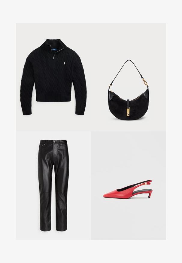 Melna adīta džemperis ar augstu apkakli, rāvējslēdzēja aizdari un ribotām piedurknēm. Uz kreisās krūšu daļas ir neliels logo.; Melnas taisnas ādas bikses ar priekšējo pogas un rāvējslēdzēja aizdari, jostas cilpām un priekšējām kabatām uz balta fona.; Sarkani ādas sandales ar atvērtu papēdi un smailu purngalu, ar nelielu papēdi un sprādzes akcentu uz siksnas. Gluda tekstūra.; Melnā rokas soma ar izliekta formu, izgatavota no zamšādas un ādas, ar zelta toņa rāvējslēdzēju un logo detaļu. Iekļauta īsā rokturi.