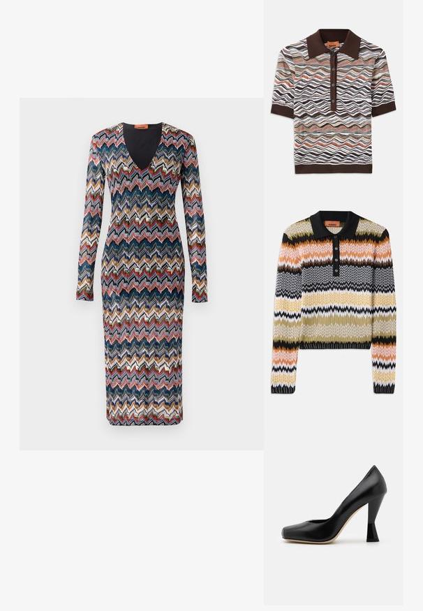 Strick-Polo-Sweater im mehrfarbigen Zickzackmuster, mit einem schwarzen Kragen und Knopfleiste. Weicher Stoff mit langen Ärmeln und gerippten Bündchen.; Langärmliges Kleid mit einem Zickzackmuster in Blau, Rot, Creme und Goldtönen. V-Ausschnitt-Design; Strickstoff mit taillierter Silhouette.; Braunes Polohemd mit einem mehrfarbigen wellenförmigen Muster in Brauntönen, Creme und Terrakotta; mit fünf Knöpfen vorne; kurze Ärmel.; Schwarzer Leder-High-Heel mit quadratischer Zehenform und einem einzigartig geformten, glänzenden schwarzen Absatz. Glatte Textur und einfaches Design.
