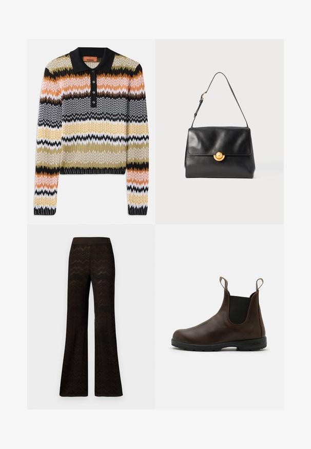 Gebreide polo sweater in een multicultureel zigzagpatroon, met een zwarte kraag en knoopsluiting. Zachte textuur met lange mouwen en geribbelde manchetten.; Overhemd met lange mouwen, gemaakt van lichtgewicht stof, met verticale marineblauwe en crèmekleurige strepen, een gebogen boord en een borstzak.; Zwarte wijde broek met een zigzagbreipatroon en elastische tailleband, tentoongesteld tegen een eenvoudige witte achtergrond.; Bruine leren enkellaars met elastische zijkanten, trekriempjes en een getextureerde rubberen zool. Heeft een slank, rond te ontwerp.; Zwarte leren handtas met een gestructureerde vorm, vlakke bovenkant en een gouden cirkelvormige sluiting. Voorzien van een enkele schouderband voor het dragen.