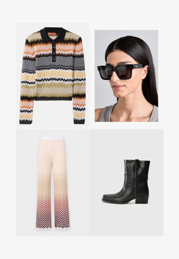 Adīts polo džemperis ar daudzkrāsu zigzag rakstu, ar melnu apkakli un pogu rindu. Mīksta tekstūra, garas piedurknes un ribotas aproces.; Brūnas krāses polo krekls ar daudzkrāsainu viļņotu rakstu brūnos, krēmkrāsas un terakotas toņos; piecu pogu aizdare; īsas piedurknes.; Taisni plata kāju adīti bikses ar zigzaga ševronu rakstu, kas pakāpeniski pāriet no krēmkrāsas uz oranžu un dziļi sarkanu, ar baltu elastīgu jostasvietu.; Melna ādas potīte ar noapaļotu purngalu, bloku papēdi, sānu rāvējslēdzēju un šuvju akcentiem uz virsmas. Gluda tekstūra, klasiskā dizaina.; Melnas lielizmēra saulesbrilles ar kvadrātveida rāmjiem, tumšām lēcām un smalku spārnu logotipa detaļu uz kājiņas. Sānos ir fakturēti akcenti.; Melnas ādas rokturmais ar izliekumu, ar sudraba iedurtiem, sprādzi un divām sānu kabatām. Regulējams siksniņas garums dažādām nēsāšanas iespējām.