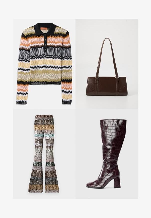 Kootud polo-sviiter mitmevärvilises zigzag-mustris, millel on must krae ja nööbiplakk. Pehme tekstuur, pikad varrukad ja soonikkoes mansetid.; Pruunist värvist polo särk, millel on mitmevärviline laineline muster, mis varieerub pruuni, kreemi ja terrakota toonides; viie nööbiga alaselg; lühikesed varrukad.; Kootud laienevad püksid mitmevärviliste horisontaalsete triipudega looduslike toonides, sealhulgas sinep, teal, pruun, must, roosa ja hall.; Tume burgundi värvi kuni põlveni ulatuv saabas, millel on krokodilli tekstuur ja plokk-konts, valgel taustal, kuvand külgvaates.; Pruun läikiv naha käekott, millel on ristkülikuline kuju, kaks pikka käepidet ja esipaneelil peened kõverad aktsendid.