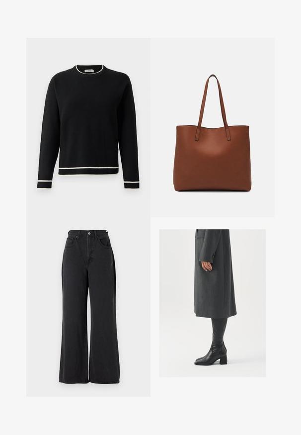 Black long-sleeve crewneck sweater with white trim on collar, cuffs, and hem, displayed against a plain white background.; Black wide-leg jeans made of denim, featuring a high waist, five-pocket design, and metal button closure, with a slightly textured finish.; Gray, tailored overcoat with a straight cut; paired with knee-high black leather boots featuring a square toe and chunky heel.; Brown leather tote bag with a smooth texture, open top design, and two shoulder straps. Features minimal stitching and no visible hardware.