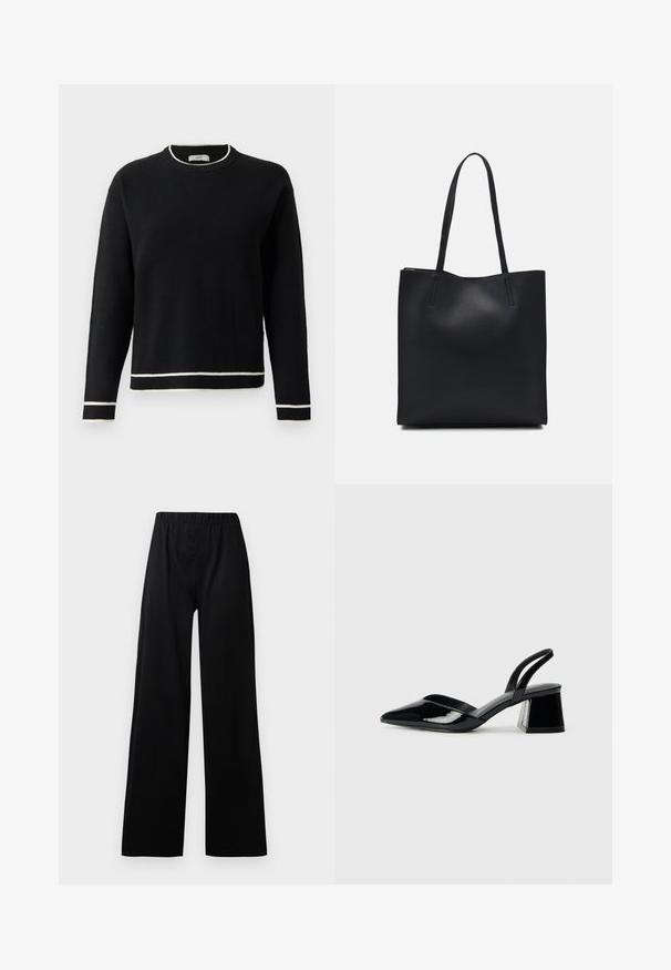 Suéter negro de manga larga con cuello redondo y ribete blanco en el cuello, los puños y el dobladillo, exhibido sobre un fondo blanco liso.; Pantalones negros de pierna ancha con cintura elástica; hechos de una tela texturizada, con un diseño minimalista y piernas rectas.; Zapatos de tacón slingback de charol negro con punta afilada y tacón geométrico en bloque. Presentan un diseño elegante y minimalista, así como una textura suave.; Bolso tote de cuero negro con textura lisa, forma rectangular y dos asas largas. Sin herrajes ni adornos visibles.
