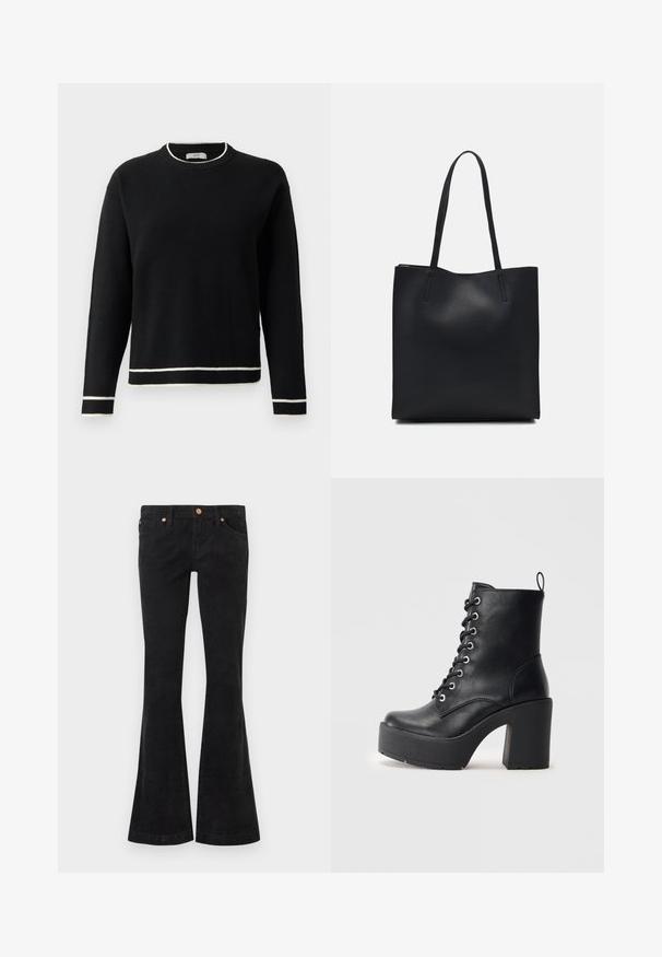 Pull noir à manches longues avec col rond, orné de détails blancs au col, aux poignets et à l'ourlet, présenté sur un fond blanc uni.; Jean évasé en velours côtelé noir avec une surface texturée. Comprend cinq poches et des accents en métal aux niveaux de la taille et des poches.; Bottines en cuir noir avec un talon épais, des lacets à l'avant et une surface texturée. Elles disposent d'une languette à l'arrière pour un enfilage facile.; Sac fourre-tout en cuir noir avec une texture lisse, de forme rectangulaire et deux longues poignées. Pas de matériel ou d'ornementations visibles.