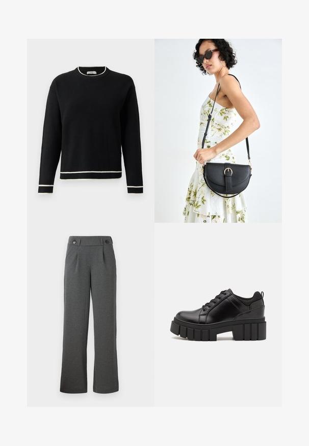 Pulover negru cu mânecă lungă și guler rotund, având margini albe la guler, manșete și tiv, expus pe un fundal alb simplu.; Pantaloni gri cu croi larg, confecționați dintr-un material texturat, având talie înaltă, plii frontale și două butoane la talie.; Pantofi cu talpă plată din piele neagră, cu toc gros, vârf rotund și design tradițional cu șireturi. Prezintă o textură netedă și detalii minime.; Geantă din piele neagră, cu o formă curbată, curea detașabilă și accesorii aurii. Geanta are un capac cu un detaliu tip cataramă.
