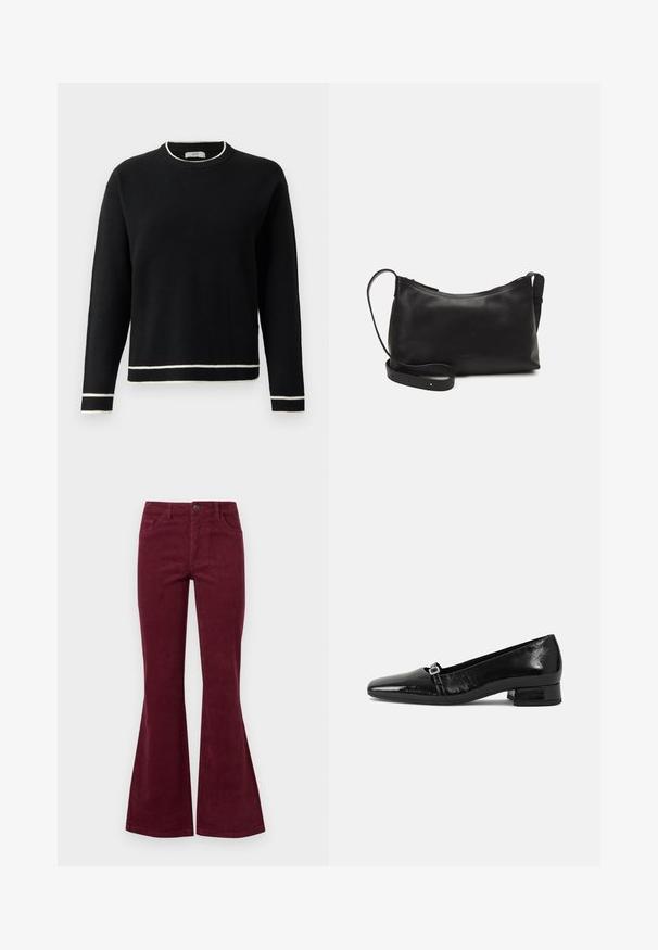 Mustade pika varrukaga ümar kaelusega sviiter, millel on valge ääris krael, varrukatel ja allääres, esitatud lihtsa valge tausta ees.; Burgundi värvi corduroy flared jeans'ide viiel taskul on ees nööpkinne ja tekstureeritud kangas. Flarid laienevad põlvest allapoole.; Musta lakitud nahast baleriinijalatsid terava varbaga, madala ruudukujulise kontsaga ja väikese metallist pandlaga rihmal. Sile tekstuur.; Mustmust nahk õlakotil on sile tekstuur, kumer kuju, reguleeritav rihm ja lukuga sulgemine. Minimalistlik disain ilma kaunistusteta.