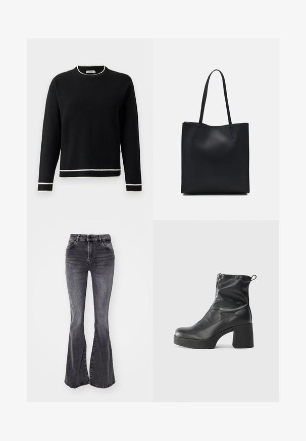 Black long-sleeve crewneck sweater with white trim on collar, cuffs, and hem, displayed against a plain white background.; Gray flared jeans made of denim, featuring a high waist, two front pockets, and a split at the bottom of each leg. Raw hem detail.; Black ankle boots made of smooth leather, featuring a side zipper, chunky textured heel, and rounded toe design.; Black leather tote bag with smooth texture, rectangular shape, and two long handles. No visible hardware or embellishments.