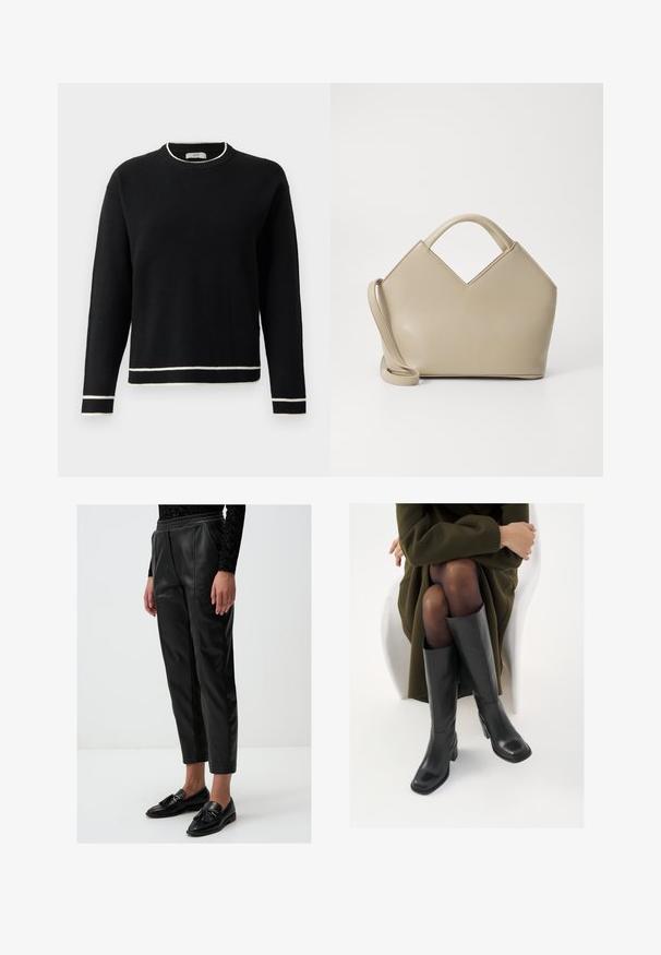 Zwarte langjarige crewneck trui met witte afwerking op de kraag, manchetten en zoom, weergegeven tegen een effen witte achtergrond.; Zwarte faux leren broek met hoge taille, plooien en taps toelopende pijpen. Gecombineerd met zwarte loafers met kwastjesaccenten.; Knieschijf hoge zwarte leren laarzen met een vierkante neus en blokhak, getoond met een model dat zit in een olijfgroene jas. Gladde textuur, minimale details.; Beige gestructureerde handtas met een V-vormige bovenkant, van glad leder, korte handvatten en een lange verstelbare schouderriem. Minimalistisch ontwerp.