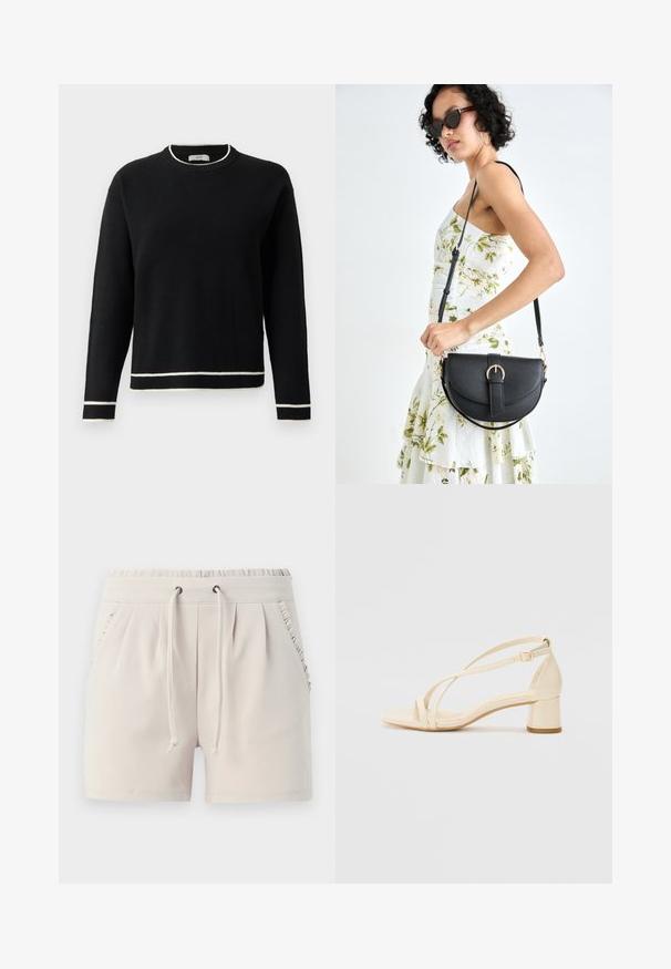 Crna dukserica dugih rukava s okruglim izrezom, s bijelim rubom na ovratniku, manžetama i donjem dijelu, prikazana na jednostavnoj bijeloj pozadini.; Svijetlosmeđi šorts s elastičnom gumom u struku, vezicom, bočnim džepovima i detaljima od nabranaca duž rubova džepova. Mekana tkanina.; Bež sandale na visoku petu s blok petom, remenčićem i podesivom naramenicom, izrađene od glatkog sintetičkog materijala s mat završnom obradom.; Crna kožna torba s lukovitim oblikom, odvojivim remenom i zlatnim detaljima. Torba ima preklop s kopčom.