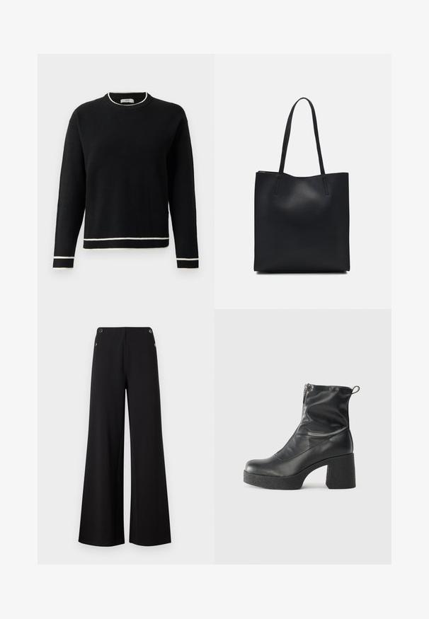 Sort langærmet crewneck sweater med hvid kant ved kraven, manchetterne og kanten, vist på en ensfarvet hvid baggrund.; Sorte wide-leg bukser lavet af glat stof, med guldtonede knapdetaljer ved taljen og et rent, minimalistisk design.; Sorte ankelstøvler lavet af glat læder, med en sidelukning, kraftig struktureret hæl og rundt tådesign.; Sort læder tote taske med glat tekstur, rektangulær form og to lange hanke. Ingen synlig hardware eller udsmykninger.