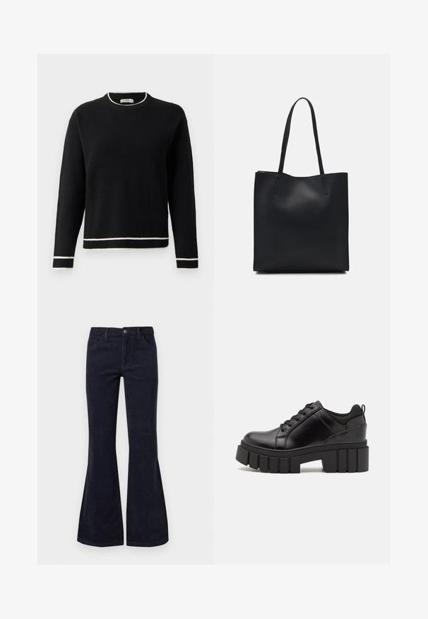 Fekete, hosszú ujjú, kerek nyakú pulóver fehér díszítéssel a galléron, az ujjak végén és az alsó szegélyen, sima fehér háttér előtt.; Bővülő sötétkék kordbársony nadrág magas derékkal, öt zsebbel és gombos záródással rendelkezik, puha tapintással és bordázott felületi mintával.; Fekete bőr platform cipők vaskos blokk sarkakkal, kerek orral és hagyományos fűzős kialakítással. Simára csiszolt felület és minimális részletezés jellemzi.; Fekete bőrtáska sima felszínnel, téglalap alakú, két hosszú füllel. Nincs látható fémkiegészítő vagy díszítés.
