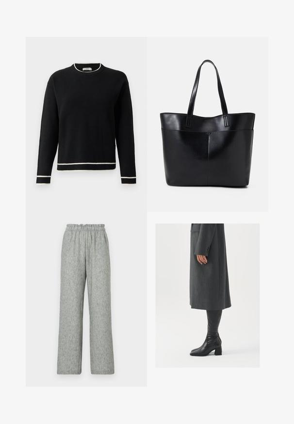 Zwarte langjarige crewneck trui met witte afwerking op de kraag, manchetten en zoom, weergegeven tegen een effen witte achtergrond.; Lichtgrijze wijde broek gemaakt van textiel met structuur, voorzien van een elastische tailleband. Het ontwerp heeft een losse pasvorm zonder extra versieringen.; Grijze, op maat gemaakte overjas met een rechte snit; gecombineerd met kniehoge zwarte leren laarzen met een vierkante neus en chunkyerand.; Zwarte leren tote bag met twee lange handvatten, een zachte textuur en een gestructureerde vorm. Voorzien van een voorvak voor extra opslagruimte.