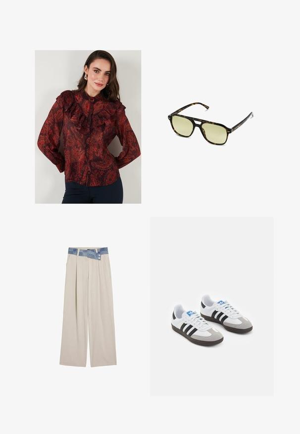 Jersey de punto con patrones en forma de ola en azul y blanco, con cuello redondo en color crema y puños y dobladillo acanalados. Diseño texturizado en toda la prenda.; Blusa de estampado paisley rojo con tela transparente, cuello con volantes y cierre frontal con botones. Mangas largas con puños abotonados.; Pantalones de pierna ancha en un beige claro con una cintura de mezclilla que cuenta con dos botones y detalles de pliegues en el frente. Textura suave y ajuste relajado.; Zapatillas deportivas con parte superior de piel blanca, puntera de ante gris y tres rayas negras. Presentan un logo azul en la lengüeta y una suela de goma texturizada.; Gafas de sol carey con forma rectangular, lentes con tinte verde y montura de acetato con patrones. Presentan acentos metálicos cerca de las lentes.