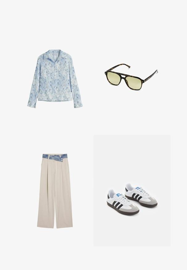 Pletený svetr s vlnitými vzory v modré a bílé, se smetanovým kulatým výstřihem a žebrovanými manžetami a spodním okrajem. Texturovaný design po celé ploše.; Lehká dlouhá blůza v světle modré barvě s vertikálními pruhy a květinovými vzory. Má vykrojený límec a zapínání na knoflíky.; Světlé béžové kalhoty s širokým střihem a denimo páskem, který má dva knoflíky a skladby na přední části. Hladká textura a uvolněný střih.; Sportovní boty s bílým koženým svrškem, šedou semišovou špičkou a třemi černými pruhy. Obsahují modré logo na jazyku a texturovanou gumovou podrážku.; Brýle ve stylu želvoviny s obdélníkovým tvarem, zelenými skly a vzorovanými acetátovými rámy. Obsahují kovové akcenty poblíž skel.