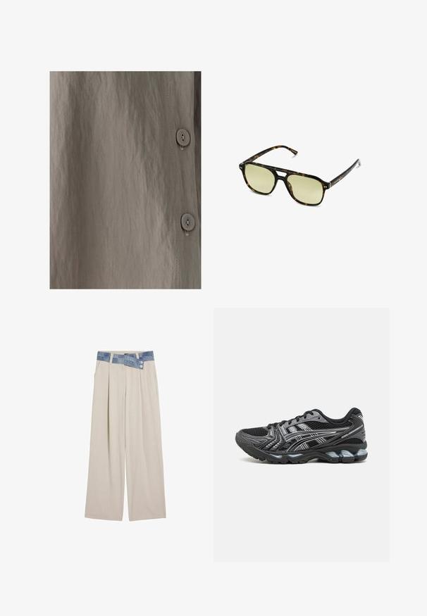 Knit sweater with wave patterns in blue and white, featuring a cream-colored round neck and ribbed cuffs and hem. Textured design throughout.; Buttoned shirt featuring a textured, light brown fabric with a subtle sheen. Smooth texture, vertical seams, and round buttons are visible.; Light beige wide-leg trousers with a denim waistband featuring two buttons and pleated front details. Smooth texture and relaxed fit.; Black athletic shoe with mesh upper, silver accents, and a cushioned sole. Features a lace-up design and textured tread for grip.; Tortoiseshell sunglasses with a rectangular shape, green-tinted lenses, and patterned acetate frames. Features metal accents near the lenses.