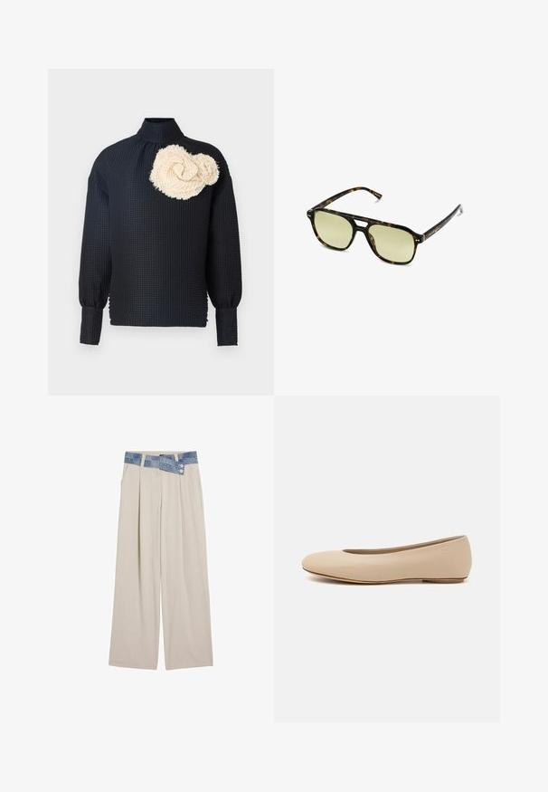 Gebreide trui met golfpatronen in blauw en wit, voorzien van een crèmekleurige ronde hals en geribde mouwen en zoom. Textuurontwerp door de hele trui.; Zwarte lange mouw top met een gestructureerd oppervlak, voorzien van een crèmekleurige, gestructureerde rozet op de linker schouder. Hoge kraag, aansluitende mouwen.; Lichtbeige wijde broek met een denim tailleband, voorzien van twee knopen en geplooide details aan de voorkant. Gladde textuur en ontspannen pasvorm.; Beige leren ballerina met een ronde neus, minimale naaidetailing, lage hak en subtiel logo op de achterkant. Gladde, matte textuur.; Schildpadbril met een rechthoekige vorm, groengetinte lenzen en gepatterde acetaat montuur. Kenmerkt metalen accenten nabij de lenzen.