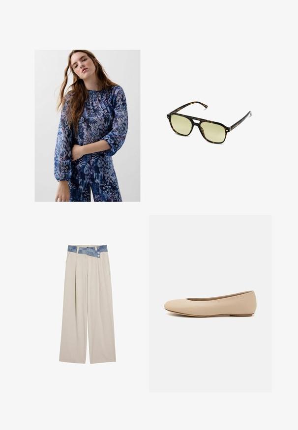 Neulepaita, jossa on aaltoilumallit sinisessä ja valkoisessa, ja jonka kaula-aukko on vaaleancremellä pyöreä sekä resorit hihoissa ja helmakohdassa. Koko vaatteessa on teksturoitu muotoilu.; Sininen ja violetti kuviollinen pitkähihaisuus pusero, jossa on kerätty kaula-aukko ja elastiset hihansuut, valmistettu pehmeästä, teksturoidusta kankaasta.; Vaaleanbeige leveät housut, joissa on denim-vyötärö ja kaksi nappia sekä pleatattu etuosa. Liukas pinta ja rento istuvuus.; Beige nahkara ballet flat dengan ujung bulat, detail jahitan minimal, hak rendah, dan logo halus di bagian belakang. Tekstur halus dan matte.; Aurinkolasit kilpikonnakuosisella kehysrakenteella, joissa on suorakulmainen muoto, vihertävät linssit ja kuvioitu asetaattikehys. Kehyksissä on metalliset yksityiskohdat linssien lähellä.