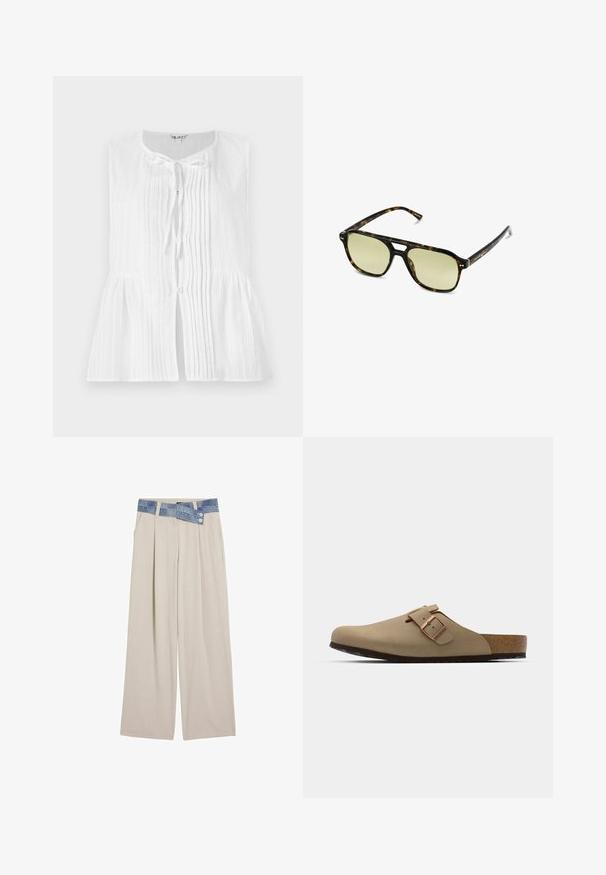 Gestrickter Pullover mit Wellenmustern in Blau und Weiß, ausgestattet mit einem cremefarbenen Rundhalsausschnitt sowie gerippten Bündchen und Saum. Strukturiertes Design durchgehend.; Weißes ärmelloses Oberteil mit vertikalen Falten, einer Schleifenverschluss am Hals und einem Peplum-Taille. Glatte Textur mit Knopf-Akzenten.; Hellbeige weite Hose mit einem Denim-Bund, der zwei Knöpfe und gefältelte Frontdetails aufweist. Sanfte Textur und lockere Passform.; Beige Clogs mit einer abgerundeten Zehenpartie, verstellbarem Schnallenakzent und Korkfußbett. Strukturierte Oberfläche mit einer schwarzen Gummisohle für besseren Halt.; Schildkrötensonnenbrille mit rechteckiger Form, grün getönten Gläsern und gemusterten Acetatrahmen. Verfügt über metalliche Akzente in der Nähe der Gläser.