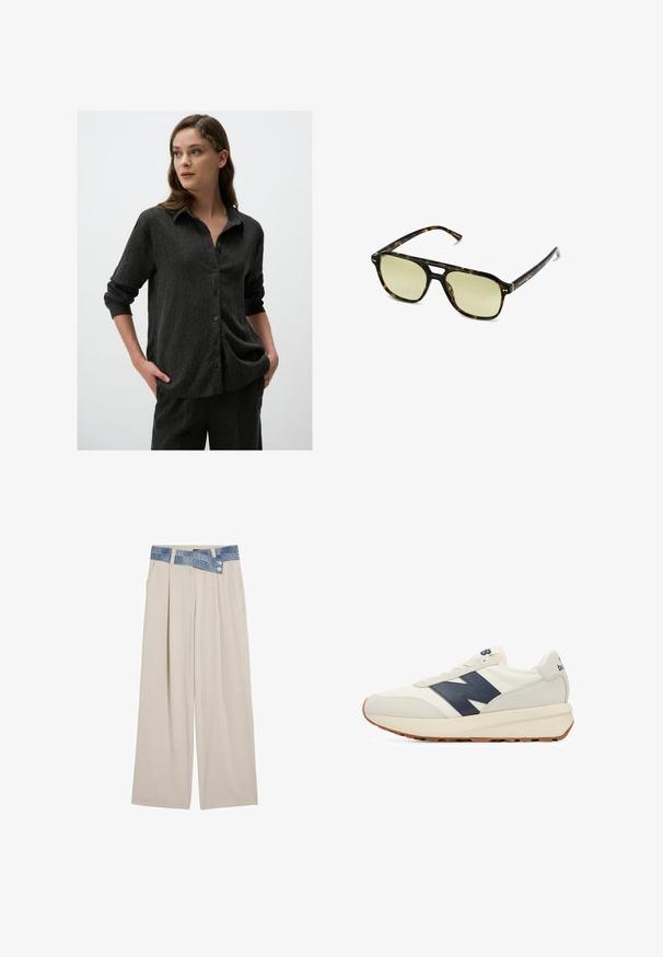 Gebreide trui met golfpatronen in blauw en wit, voorzien van een crèmekleurige ronde hals en geribde mouwen en zoom. Textuurontwerp door de hele trui.; Zwarte textuur knoopshirt met een kraag en lange mouwen opgerold bij de manchetten, met verticale strepen en een relaxte pasvorm.; Lichtbeige wijde broek met een denim tailleband, voorzien van twee knopen en geplooide details aan de voorkant. Gladde textuur en ontspannen pasvorm.; Heren sneakers in crème en marineblauw, met een bovenwerk van suede en mesh, rubberen zool en een opvallend marineblauw "N"-logo op de zijkant.; Schildpadbril met een rechthoekige vorm, groengetinte lenzen en gepatterde acetaat montuur. Kenmerkt metalen accenten nabij de lenzen.