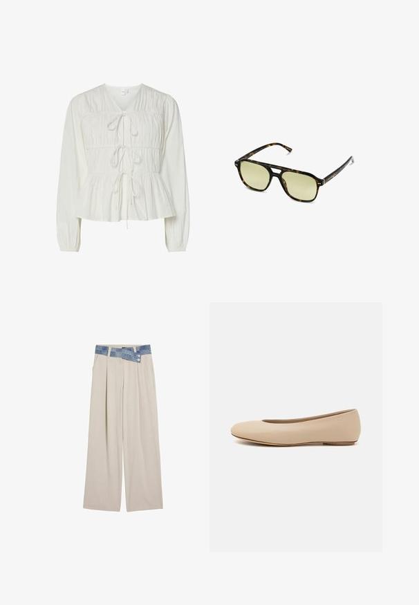 Maglione a maglia con motivi a onda in blu e bianco, caratterizzato da un collo rotondo color crema e polsini e orlo a coste. Design testurizzato su tutto il capo.; Blusa bianca a manica lunga con tre chiusure anteriori a fiocco, dettagli di tessuto arricciato, polsini elasticizzati e orlo in stile peplum.; Pantaloni larghi beige chiaro con vita in denim, caratterizzati da due bottoni e dettagli plissettati sul davanti. Tessuto morbido e vestibilità rilassata.; Ballerine in pelle beige con punta arrotondata, dettagli di cucitura minimi, tacco basso e logo discreto sul retro. Texture liscia e opaca.; Occhiali da sole tartaruga con forma rettangolare, lenti con tonalità verde e montatura in acetato decorata. Presentano dettagli metallici vicino alle lenti.