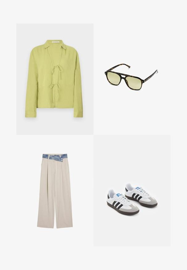 Strikket sweater med bølgemønstre i blå og hvid, med en cremefarvet rund halsudskæring og ribbede manchetter og kant. Tekstureret design hele vejen igennem.; Lys grøn, langærmet skjorte lavet af krøllet stof. Har en front uden knapper med en bindebåndslukning og en krave.; Lys beige vidde bukser med en denimlivrem, der har to knapper og plisserede frontdetaljer. Glat tekstur og afslappet pasform.; Sportsko med en overdel i hvid læder, grå ruskind på tåen og tre sorte striber. Har et blåt logo på tungen og en struktureret gummisål.; Skildpaddemønstrede solbriller med rektangulær form, grønfarvede linser og mønstrede acetatstel. Har metaldetaljer nær linserne.
