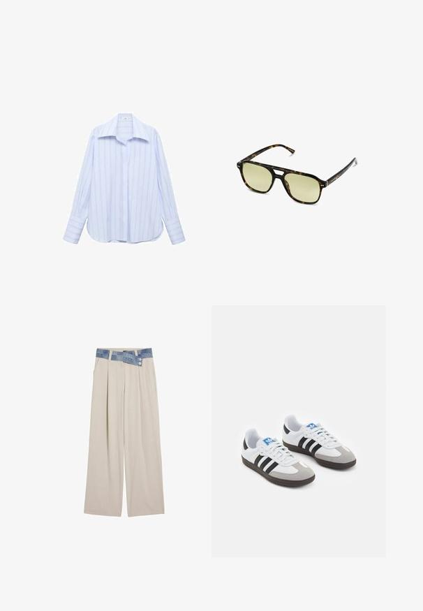 Maglione a maglia con motivi a onda in blu e bianco, caratterizzato da un collo rotondo color crema e polsini e orlo a coste. Design testurizzato su tutto il capo.; Camicia a maniche lunghe azzurro chiaro con righe bianche verticali, colletto a punta e chiusura con bottoni. Presenta una vestibilità comoda e maniche con polsini.; Pantaloni larghi beige chiaro con vita in denim, caratterizzati da due bottoni e dettagli plissettati sul davanti. Tessuto morbido e vestibilità rilassata.; Scarpe sportive con tomaia in pelle bianca, punta in suede grigia e tre strisce nere. Presentano un logo blu sulla linguetta e una suola in gomma testurizzata.; Occhiali da sole tartaruga con forma rettangolare, lenti con tonalità verde e montatura in acetato decorata. Presentano dettagli metallici vicino alle lenti.
