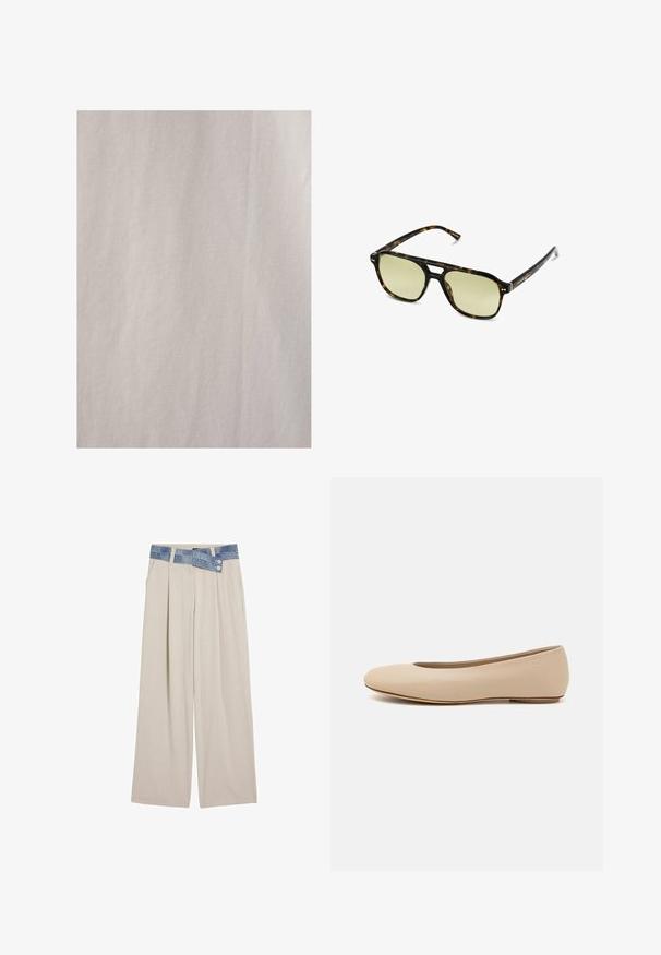 Strikket sweater med bølgemønstre i blå og hvid, med en cremefarvet rund halsudskæring og ribbede manchetter og kant. Tekstureret design hele vejen igennem.; Touché Privé Skjortebluser - Beige; Lys beige vidde bukser med en denimlivrem, der har to knapper og plisserede frontdetaljer. Glat tekstur og afslappet pasform.; Beige læder balletflade med afrundet tå, minimal sømdetaljering, lav hæl og subtilt logo på bagsiden. Glat, mat tekstur.; Skildpaddemønstrede solbriller med rektangulær form, grønfarvede linser og mønstrede acetatstel. Har metaldetaljer nær linserne.